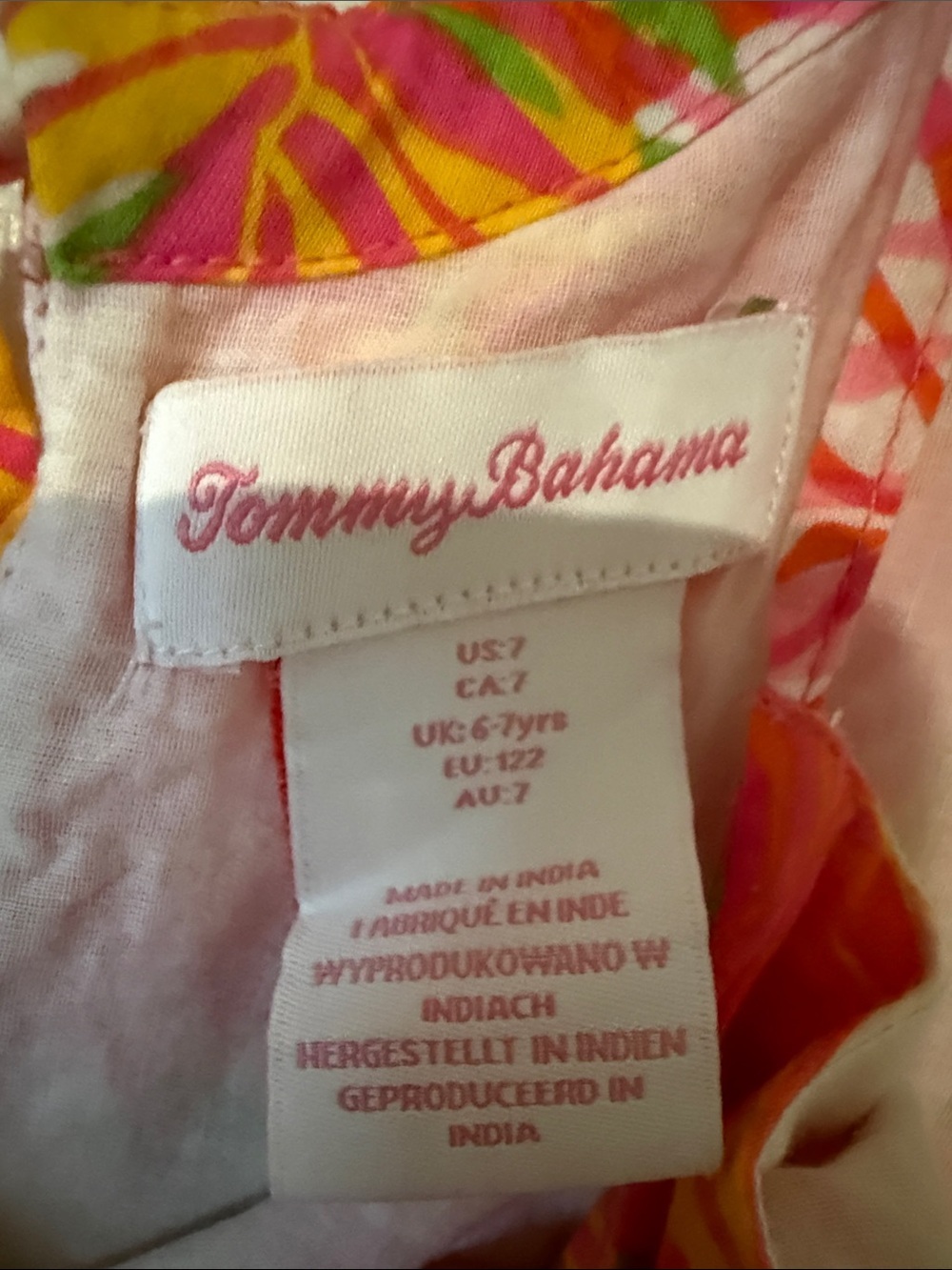 Tommy Bahama Girls Tropical Leaf Print Sundress in Pink, Green, Yellow - Picture 2 of 5